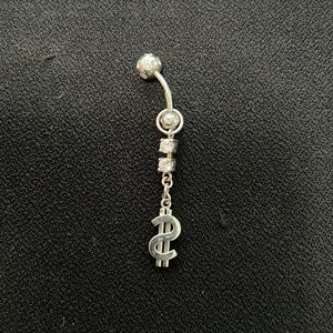 Rhinestone And Dollar Sign Silver Metal Belly Button Charm